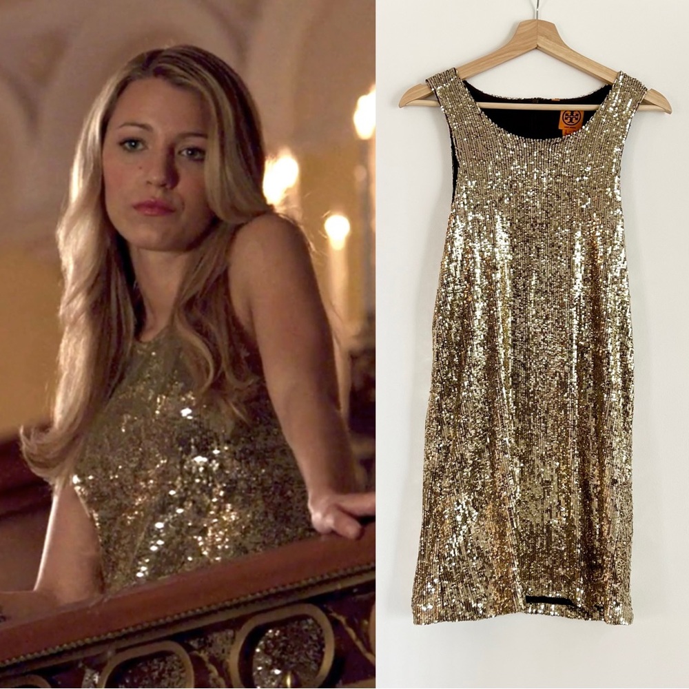 Tory Burch gold sequin dress ASO Gossip Girl Serena Van Der Woodsen